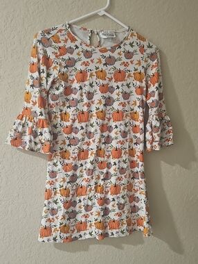 Rare Editions White Dress with Orange & Gray Pumpkin Print